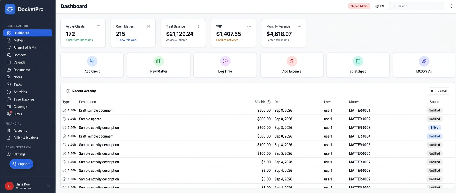 DocketPro dashboard with active clients, open matters and trust balance