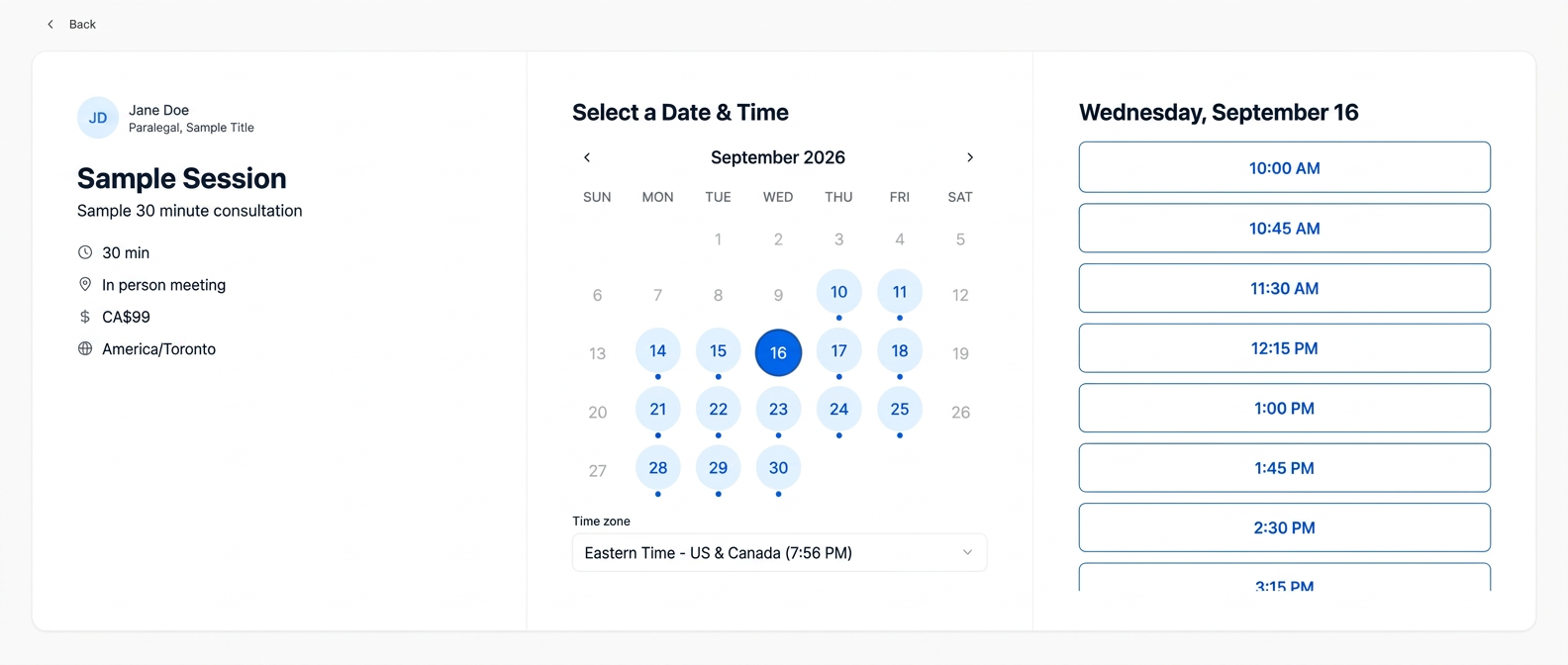Client-facing booking page with available dates and times
